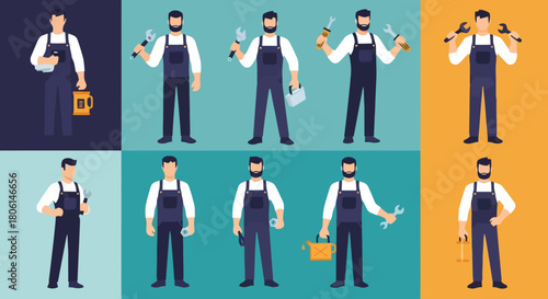Diverse Male Handyman Repairman Poses with Tools Vector Illustrations for Service Industry