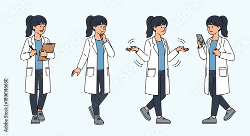 Diverse Actions of a Female Scientist in Lab Coat Working Thinking Pondering and Communicating with Smartphone