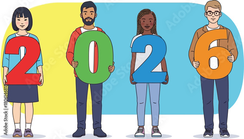 A clean, flat vector illustration featuring four diverse young adults—two men and two women—standing side-by-side, each holding a large, brightly colored numeral to form the year 2026.