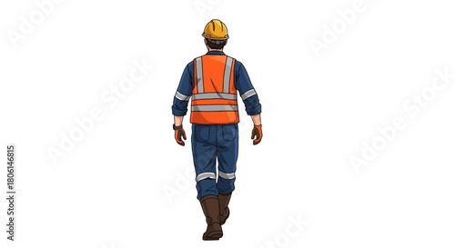 Construction worker in safety vest and hard hat walking away from camera isolated on white background ready for website use