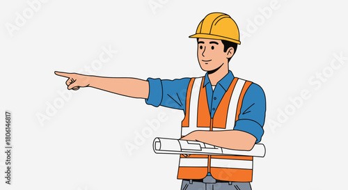 Construction Worker in Hard Hat and Vest Pointing Direction with Blueprint Navigating Project Site