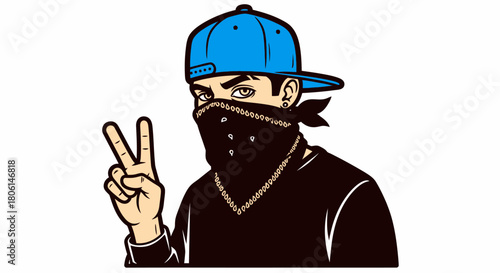 A stylized illustration of a person wearing a cap and bandana, making a peace sign.