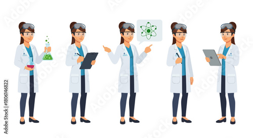 Scientist Woman Character Poses Collection Research Chemistry Science Innovation Discovery