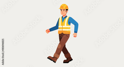 Construction Worker Man Walking with Hard Hat and Safety Vest Full Body Shot Flat Design Vector Illustration on White Background