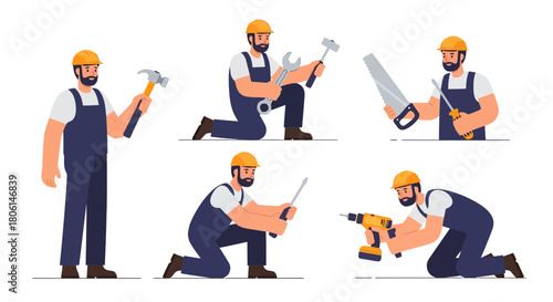 Construction Worker Set Craftsman Holding Tools for Repair and Building Tasks