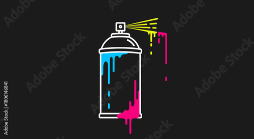 Illustration of a spray paint can with colorful paint dripping down, isolated on a dark background.