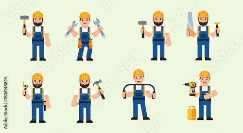 Construction Workers with Tools Set Diverse Handymen Poses for Building and Renovation Projects