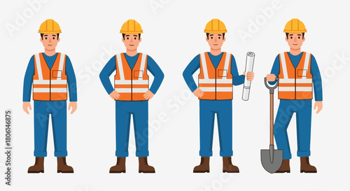 Construction Workers in Uniforms with Safety Vests and Helmets Posing with Tools and Blueprints