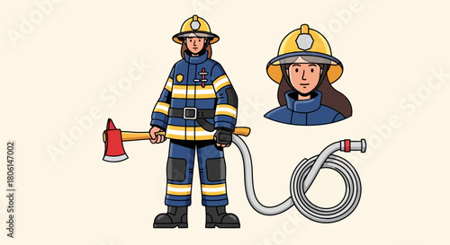 Female Firefighter Character Illustration with Axe and Hose Heroic Woman in Uniform