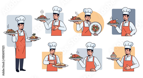 Collection of Professional Chefs Presenting Delicious Gourmet Food Dishes Restaurant Cuisine Culinary Art Illustrations