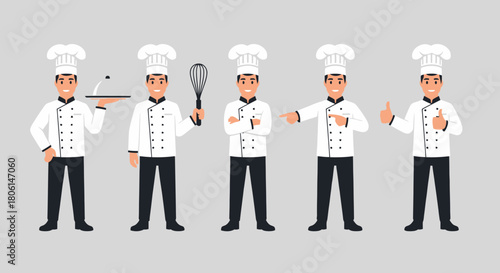 Collection of Chef Characters Poses Cooking Professionals with Tools Restaurant and Food Service Team Illustration