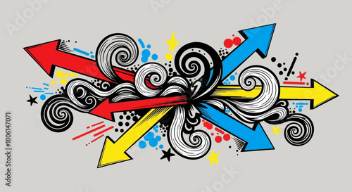 Colorful arrows intersecting with swirling patterns, creating a dynamic abstract design on a light background.