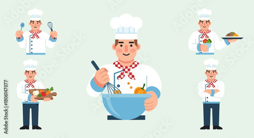 Professional Chef Illustration Set Cooking Serving and Culinary Expertise in Flat Design