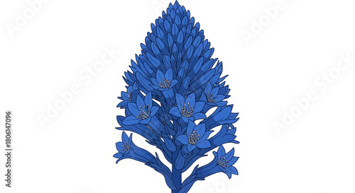 A stylized illustration showcasing a vibrant blue flower with detailed petals and stem.
