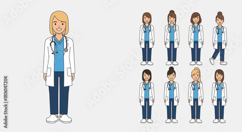 Diverse Cartoon Female Doctors Collection Smiling Physician Variety of Medical Professionals Posing Ideal for Healthcare Graphics