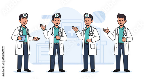 Diverse Medical Team Four Doctors in White Coats Posing and Gesturing for Health Wellness Concepts