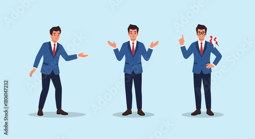Businessman in Three Poses Presenting Uncertain Idea Vector Illustration
