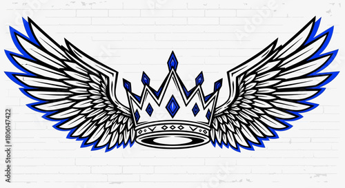 A stylized illustration featuring a royal crown with feathered wings, presented in blue and white.