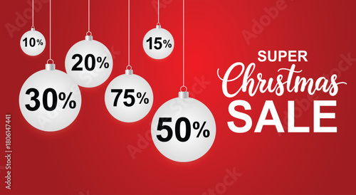 Super christmas sale banner with ornaments and discount percentages on a vibrant red background for promotion