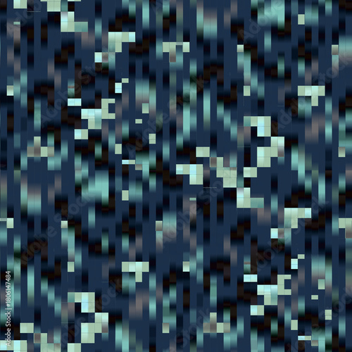 Blurred vision bokeh glow effect abstract pixels seamless texture in deep blue green halftones. Modern pattern for cover, mobil apps, web banner,textile, home decor, bedding, fabric, package.