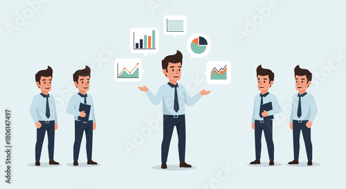 Business Leader Manages Data Analytics and Market Trends with Team Collaboration Growth Strategy Vector Illustration