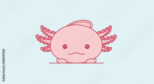 A cute, pink axolotl illustration with a simple line art style, smiling.