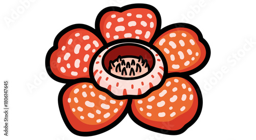 A vibrant cartoon illustration of a large, red and white Rafflesia flower with detailed petals.