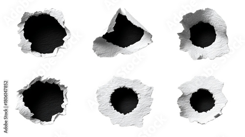 Six Bullet Holes Torn Paper Set on Transparent Background, PNG