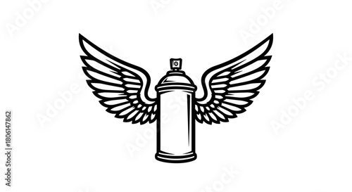 Spray can with wings, depicted in a black and white illustration.