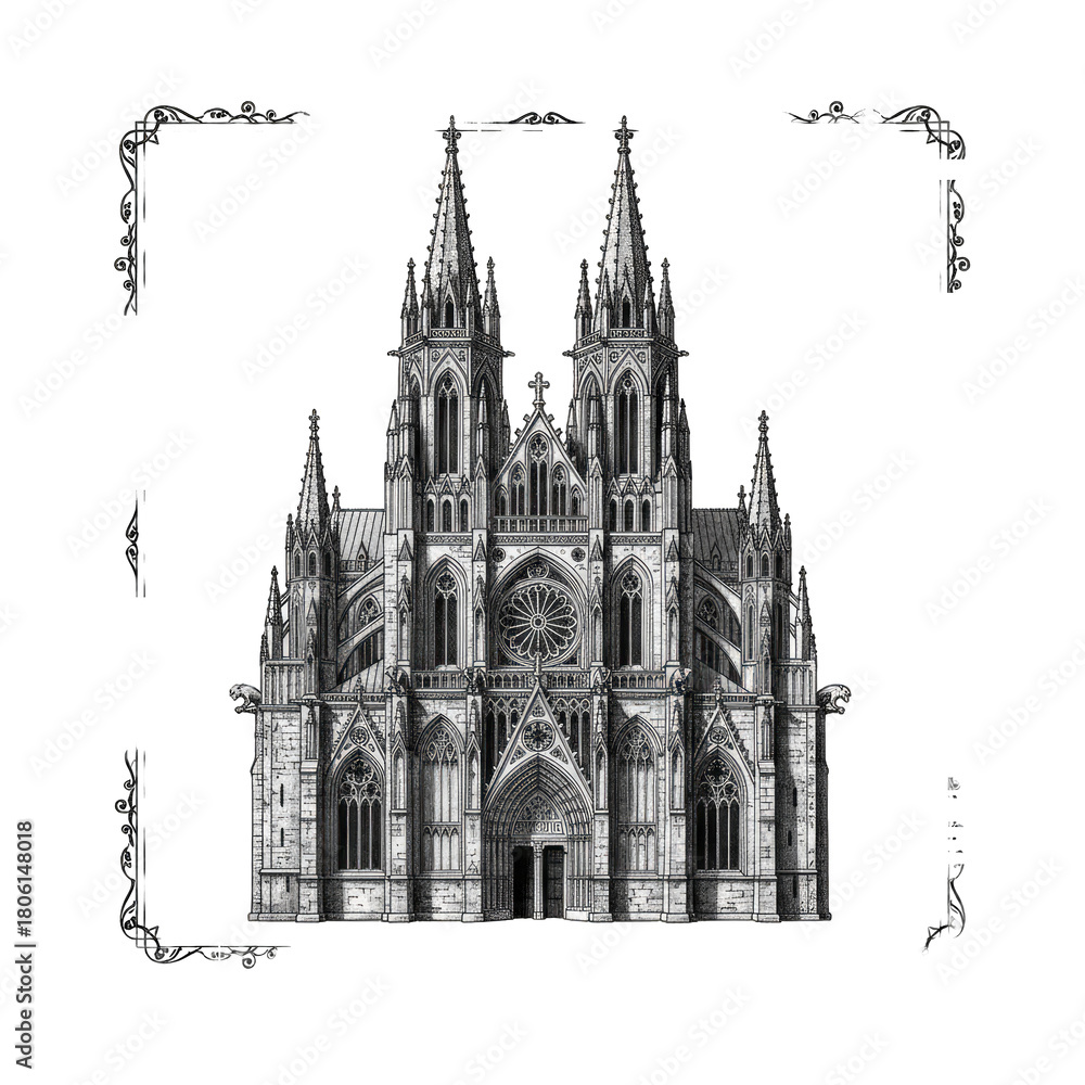 Fototapeta premium Detailed Architectural Drawing of a Gothic Cathedral Facade with Intricate Spires and Arches on a Black Background