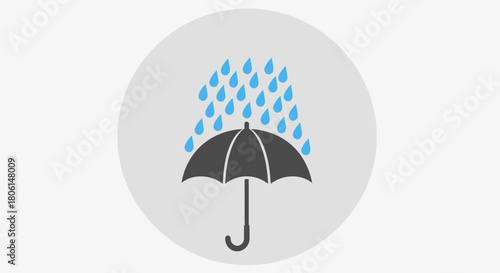 Icon depicting an umbrella protecting from falling raindrops, set against a light gray circle.