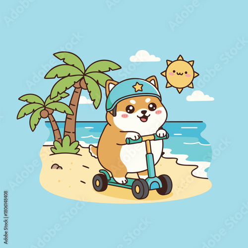 Cute cartoon Shiba Inu dog riding a scooter on a sunny beach with palm trees and ocean waves under a smiling sun.