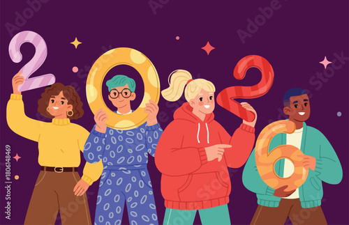 The image features a diverse group of four young, stylish individuals celebrating and holding large, whimsical, balloon-style numerals that spell out the year 2026