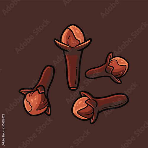 Four stylized brown cloves on a dark background, illustrating the common spice used in cooking.