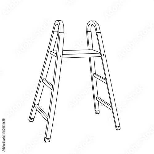 "A black-and-white technical illustration of a step ladder in three-quarter view. The legs form a stable triangular stance, and the linework is crisp and symmetrical. The background is pure white with