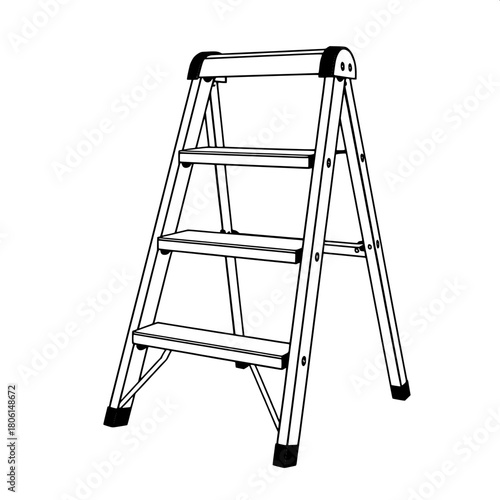 "A black-and-white technical illustration of a step ladder in three-quarter view. The legs form a stable triangular stance, and the linework is crisp and symmetrical. The background is pure white with
