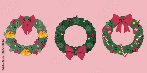 Christmas Tree Wreath with decor Set Collection isolated illustration