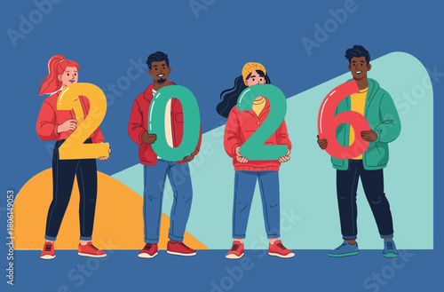 They stand against a deep blue background and are holding large, contrasting, colorful numerals that form the year 2026