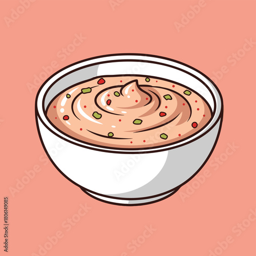 A cartoon illustration of a creamy pink sauce or dip in a white bowl, garnished with red and green specks, on a solid background.