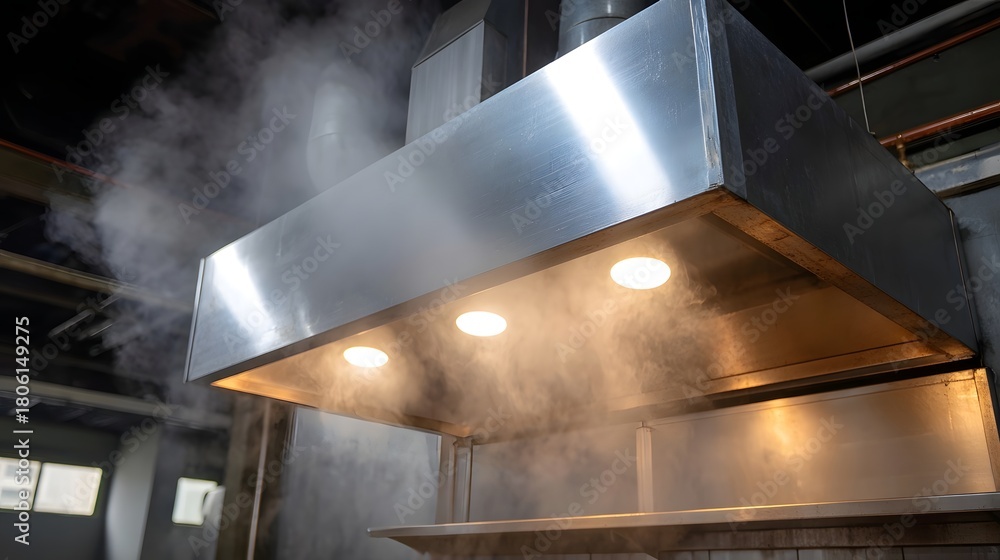 Fototapeta premium Stainless steel commercial kitchen exhaust hood with bright circular lights enveloped in rising steam suggesting active cooking or processing
