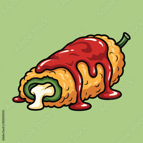 Cartoon illustration of a delicious chili relleno with melted cheese and red sauce on a light green background.