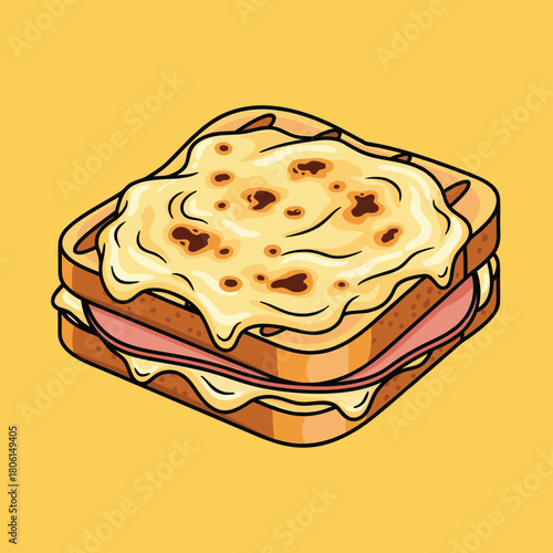 A delicious cartoon illustration of a classic French Croque Monsieur sandwich with melted cheese and ham on a yellow background.