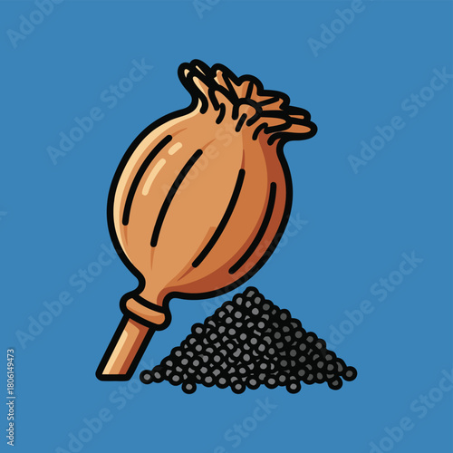 Illustration of a brown poppy seed pod next to a pile of small black poppy seeds on a blue background.