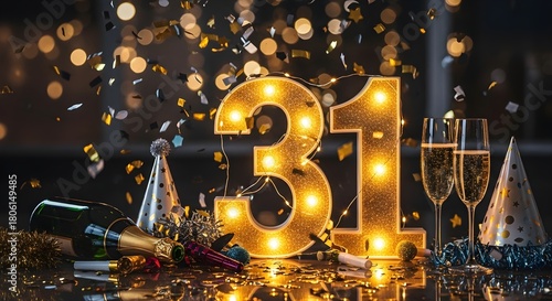 Celebratory number 31 and champagne