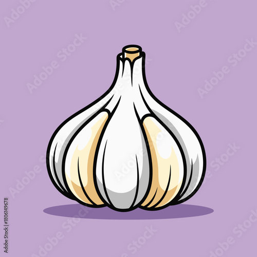A cartoon illustration of a whole garlic bulb with cloves visible, set against a light purple background.