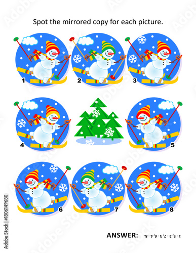 Winter visual logic puzzle with skiing snowmen. Can you find the mirrored copy for each picture? Answer included.
