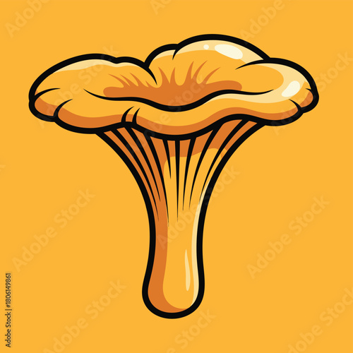 A vibrant cartoon illustration of a single chanterelle mushroom with a wavy cap and prominent gills, set against a solid orange background.
