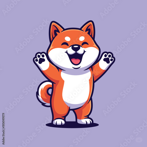 Cute cartoon Shiba Inu dog with a happy expression, standing and waving its paws on a purple background.