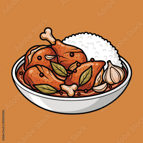 A vibrant cartoon illustration of a bowl of classic Filipino chicken adobo with rice, bay leaves, and garlic cloves.