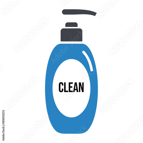 Blue Bottle of Hand Soap with Pump Dispenser and Clean Label.